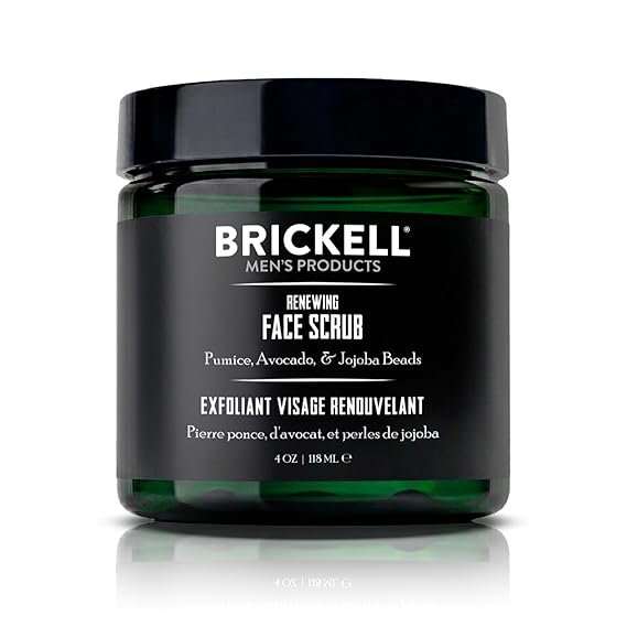 Brickell Mens Renewing Face Scrub for Men, Deep Exfoliating Facial Scrub Formulated with Pumice, Caffeine and Jojoba Beads, 4 Ounce, Scented