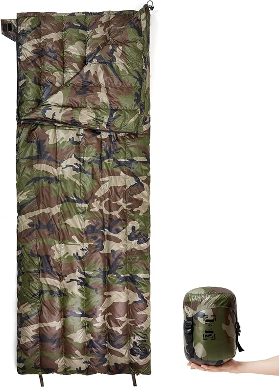 MT Ultralight Down Sleeping Bag 41-68 Degree F 400 Fill Power 3 Seasons - 1.5lbs Compact Portable Waterproof Camping Sleeping Bag with Compression Sack for Adults, Teen, Kids Olive Drab/Woodland