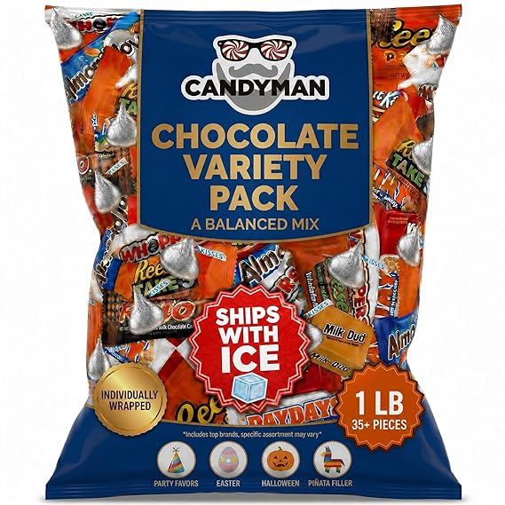 CANDYMAN Assorted Chocolate Candy Variety Pack, 1 Pound Bag, Individually Wrapped Bulk Candy, Perfect for, Holidays & Gifting, Fathers Day, Ship with Ice